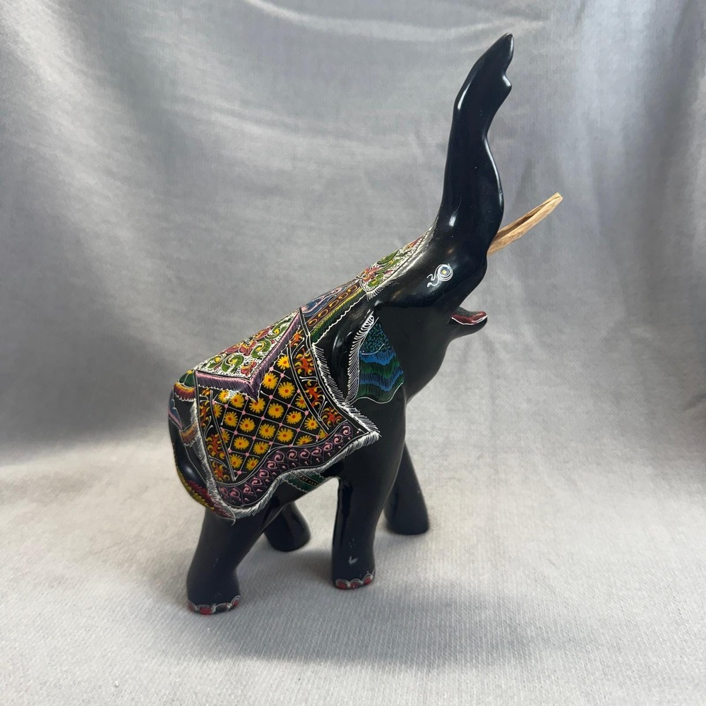 Hand Painted Elephant Figurine Safari Boho Decor Folk Art Maximalist Indian Thai